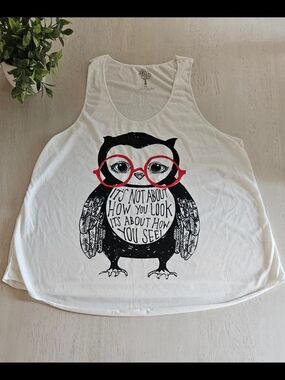 White Tank Top with Owl Graphic and Red Glasses